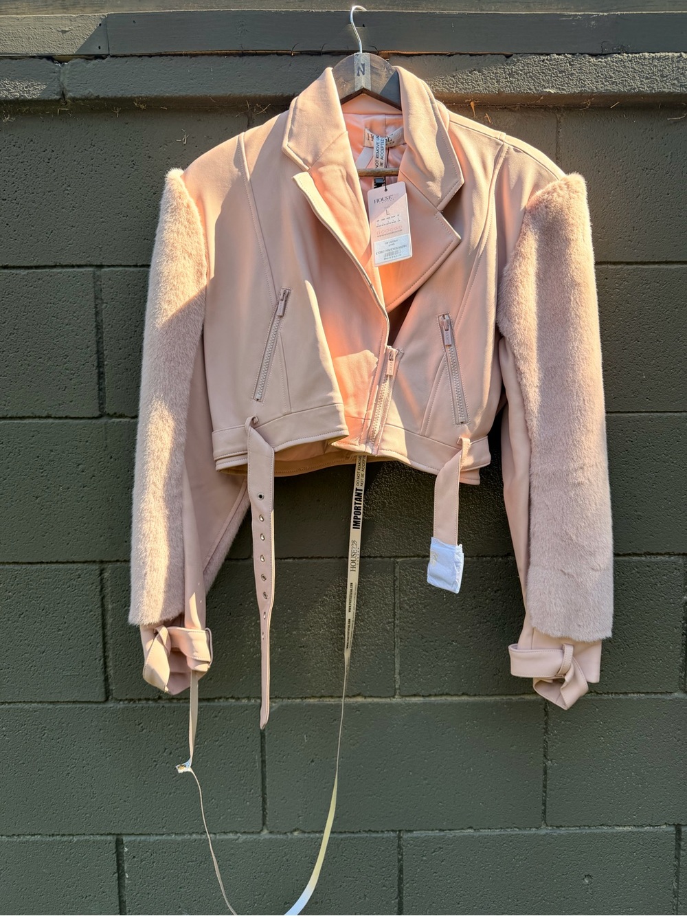 House of CB Cropped Pink Faux-Leather & Faux-Fur Moto Jacket
